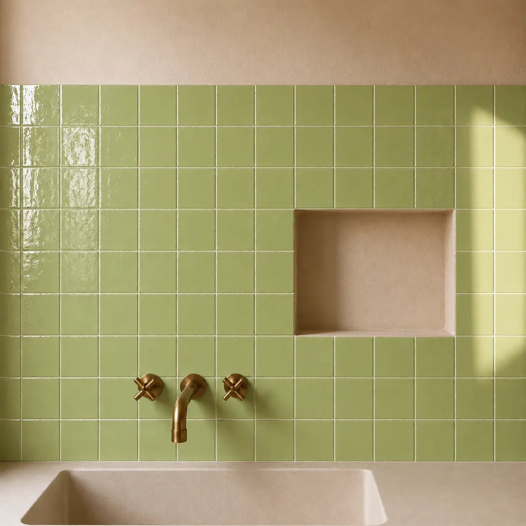 Sage green gloss ceramic tiles used on a bathroom wall