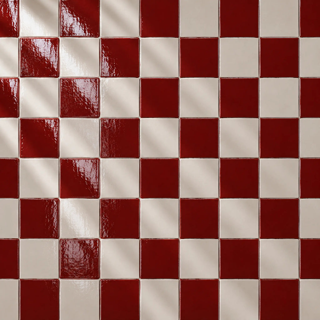Scarlet red and white ceramic tiles in checkerboard pattern