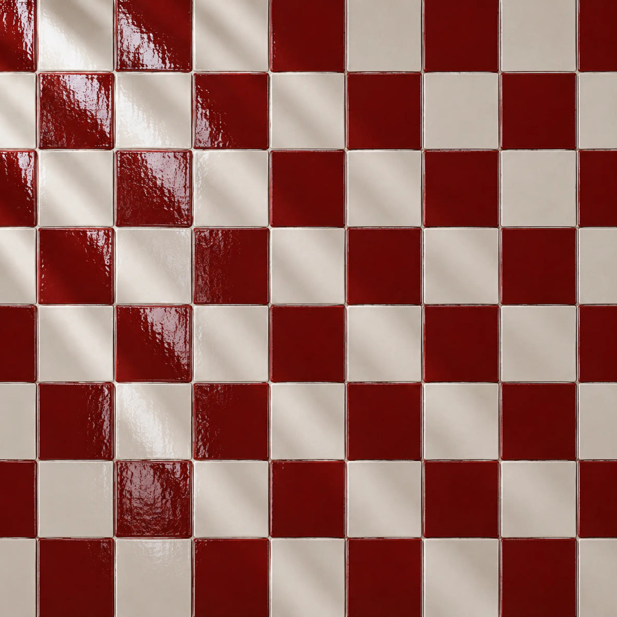 Scarlet red and white ceramic tiles in checkerboard pattern