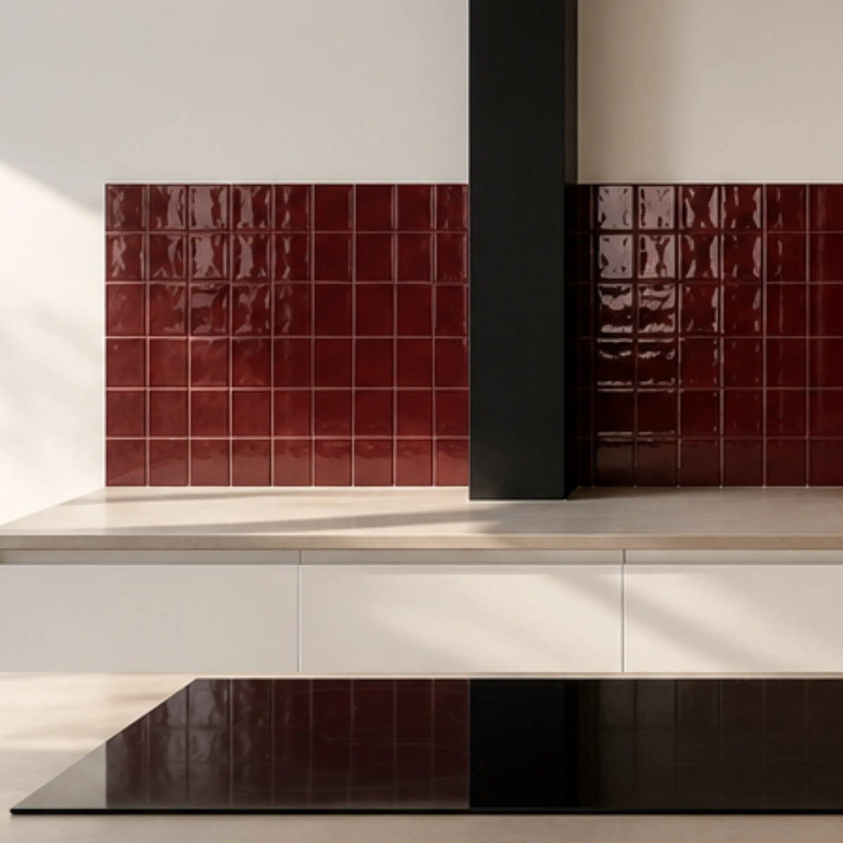 Scarlet red gloss ceramic tiles used on an interior wall