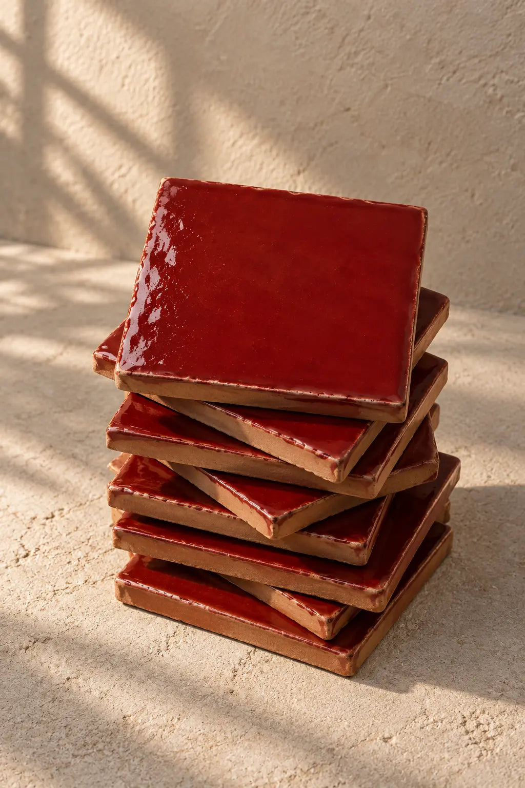 A stack of glossy square ceramic coasters in a deep scarlet red colour, arranged on a textured off-white surface.