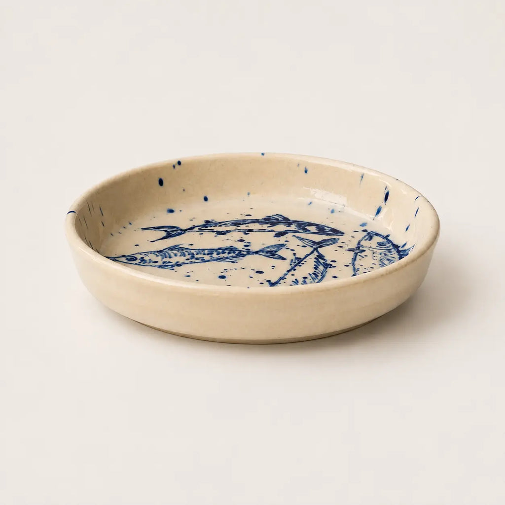 Handmade Shoal small plate with hand-painted cobalt sardines