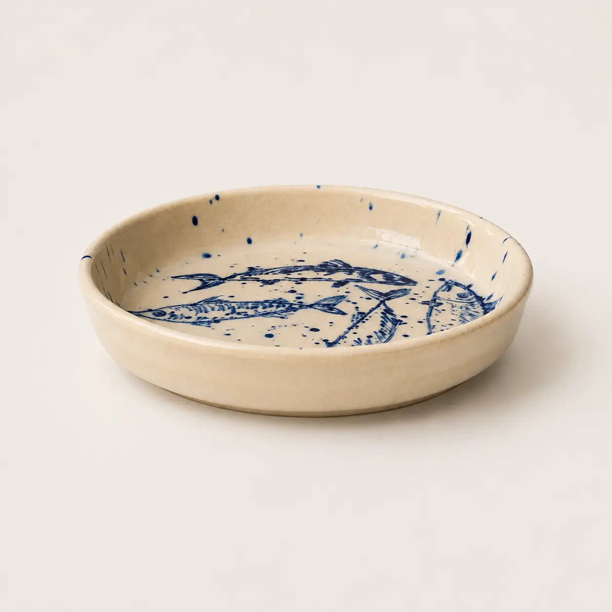 Handmade Shoal small plate with hand-painted cobalt sardines