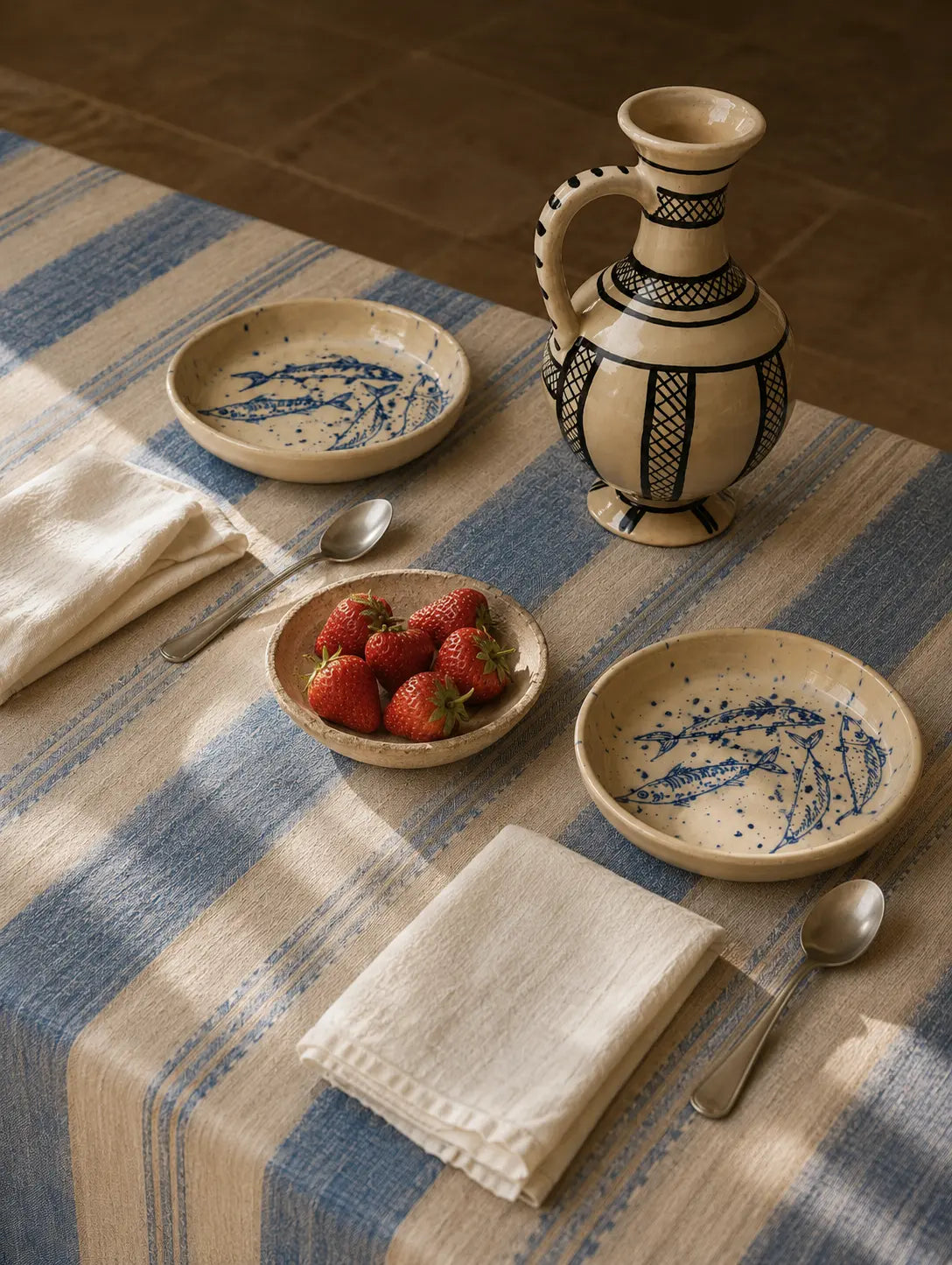 A styled tabletop setting with cream ceramic dishes and a matching pitcher decorated with blue floral and geometric patterns, arranged on a blue-and-cream striped tablecloth with napkins, spoons, and strawberries.