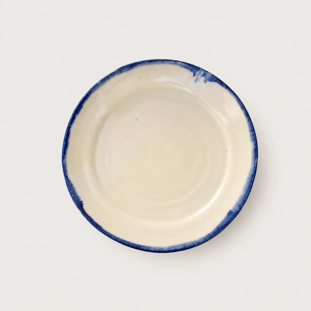 Shoreline handmade stoneware dinner plate with cobalt blue rim