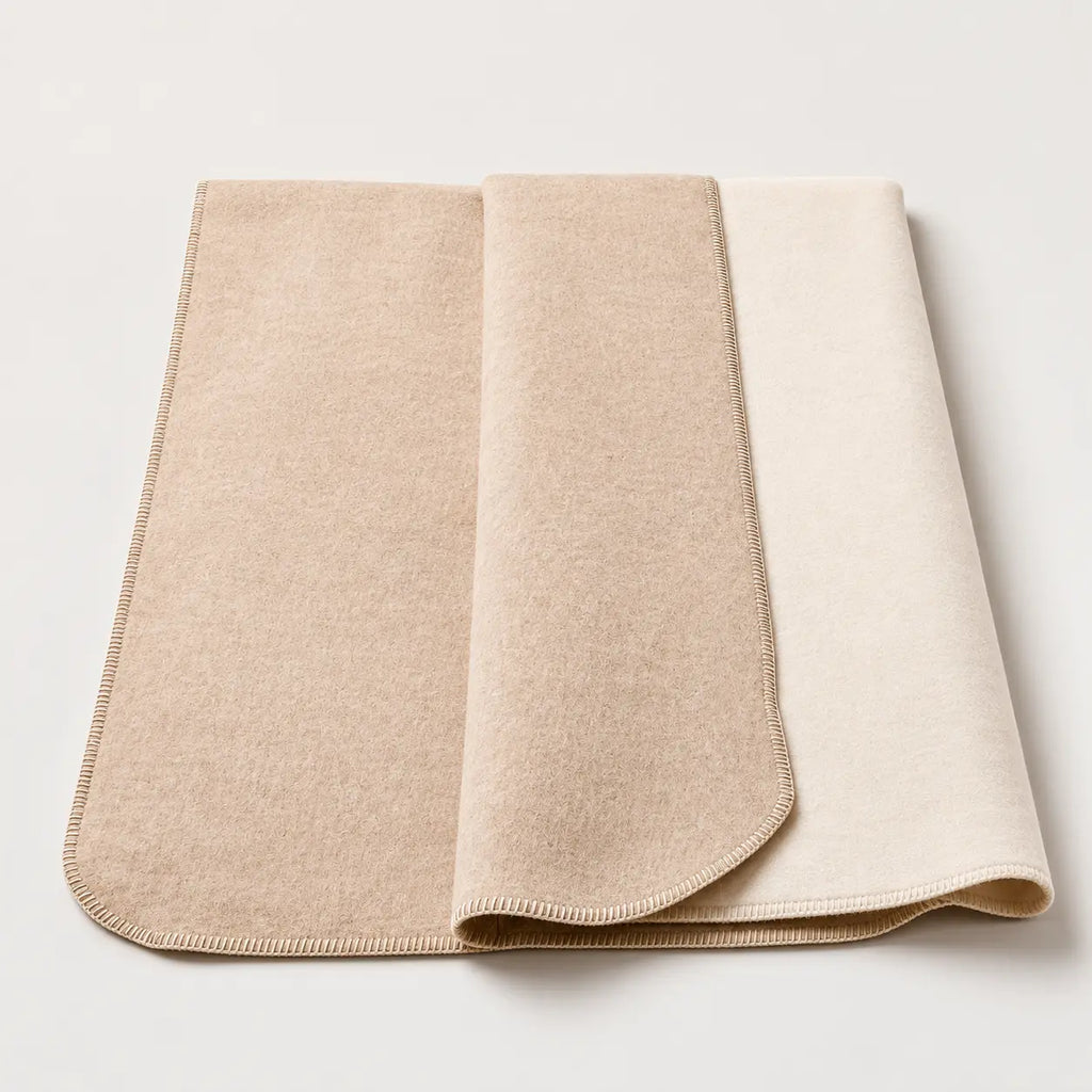 Semi reversible throw blanket with off-white stitched border in Alpaca