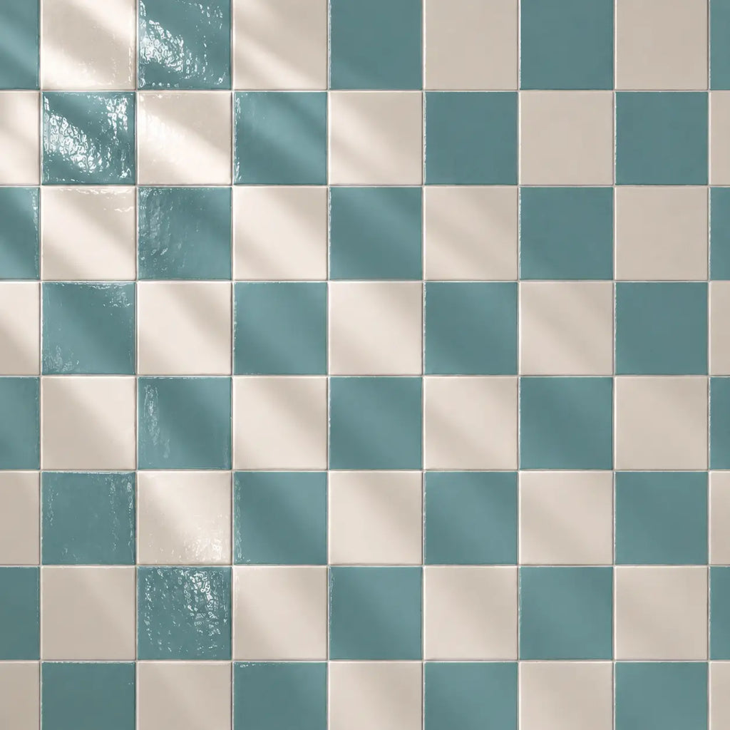 Checkered pattern of sky blue and beige tiles