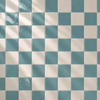 Checkered pattern of sky blue and beige tiles