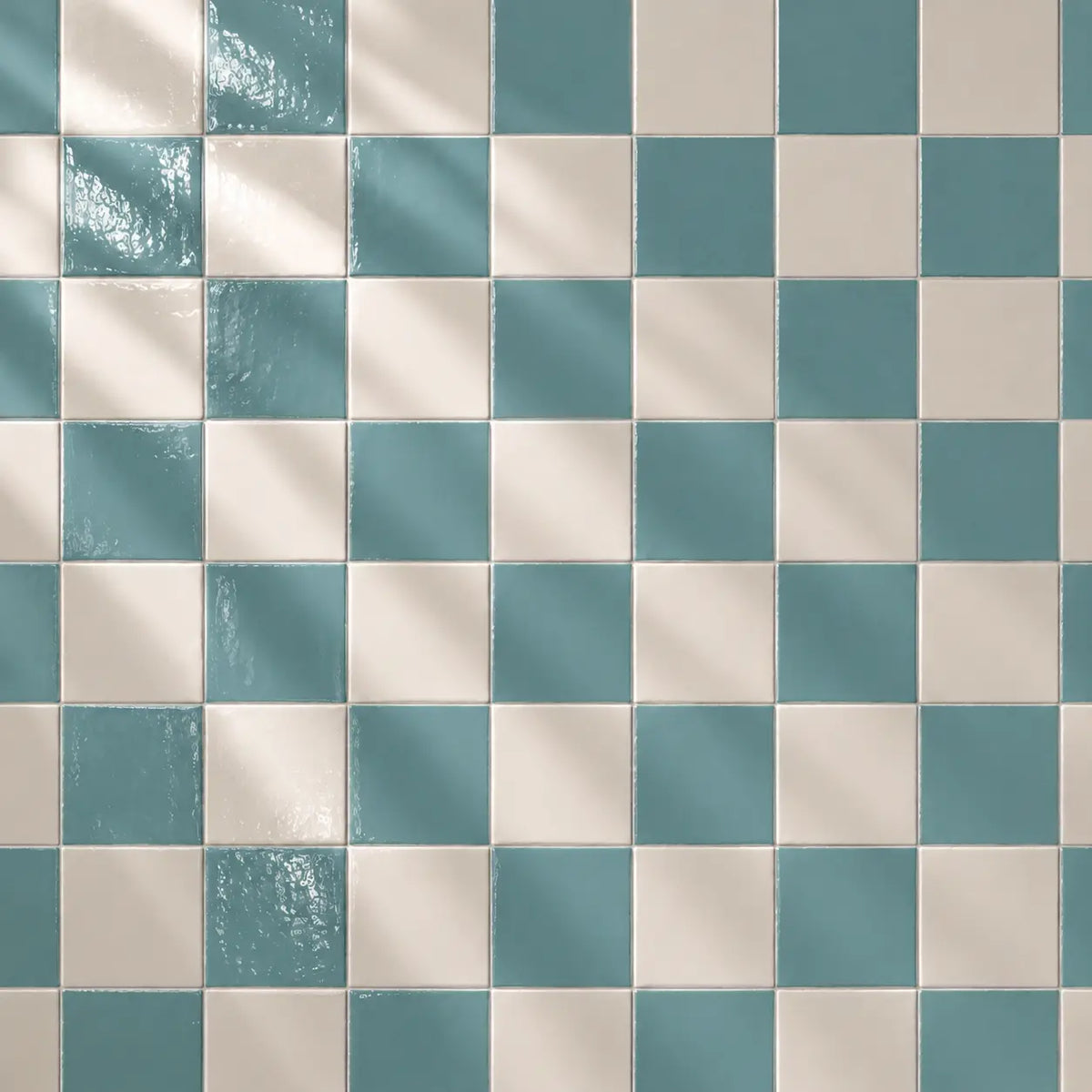 Checkered pattern of sky blue and beige tiles