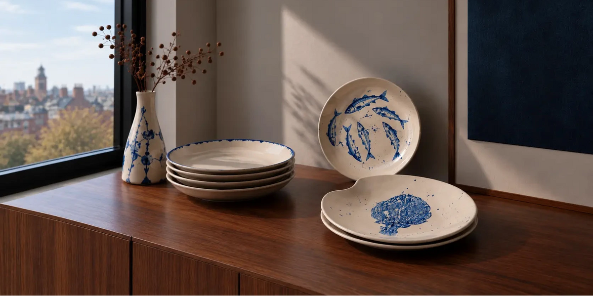 Blue and white ceramic plates with fish motifs arranged on a wooden console table next to a matching vase with dried branches, in a modern interior setting.