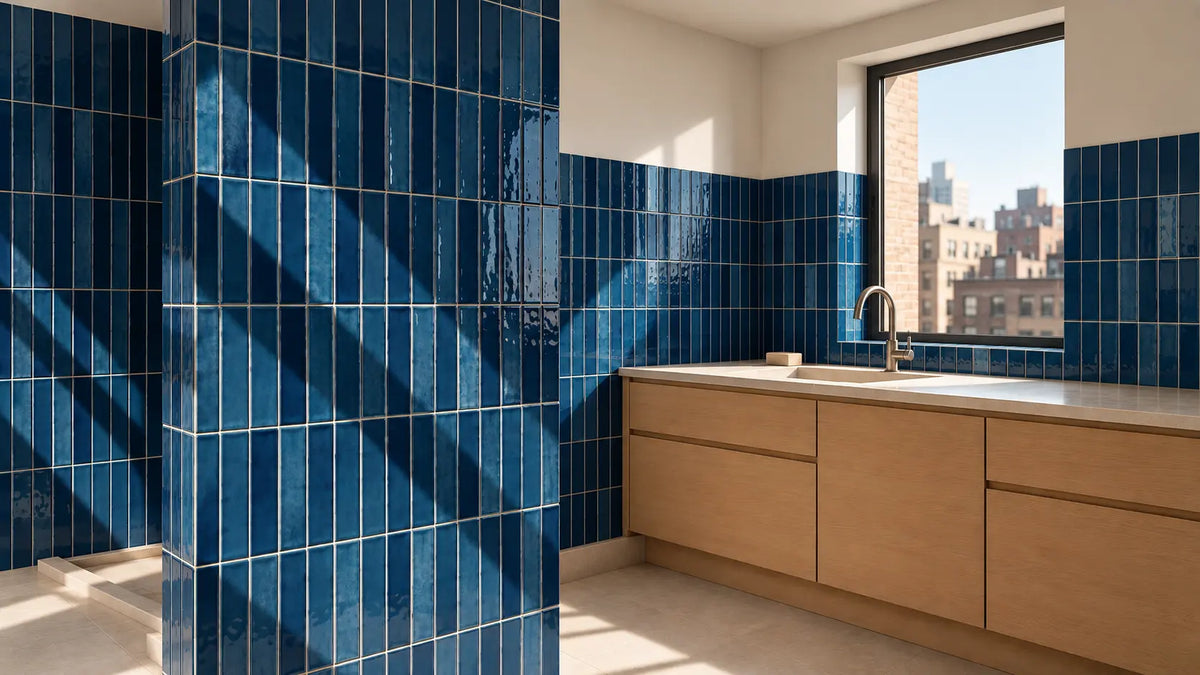 A modern kitchen interior with glossy dark blue subway tiles, light wood cabinetry, a white countertop, and a large window overlooking a city skyline.