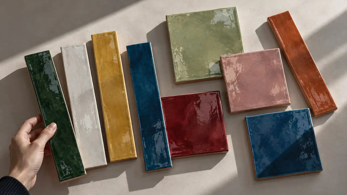 A hand holds a glossy rectangular ceramic tile in dark green next to a row of other glazed ceramic tiles in white, mustard yellow, blue, red, pink, and terracotta, arranged on a neutral beige surface with soft diagonal shadows.