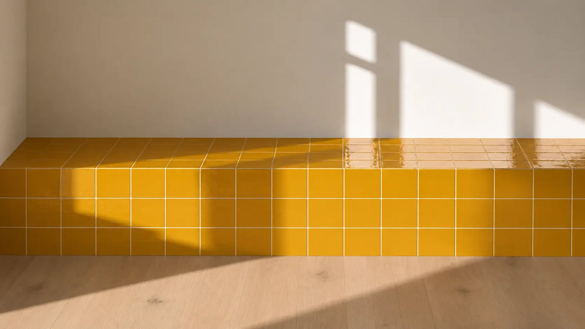A low tiled bench or shelf covered in glossy mustard-yellow square tiles, set against a warm beige wall and light wood floor with strong window shadows.