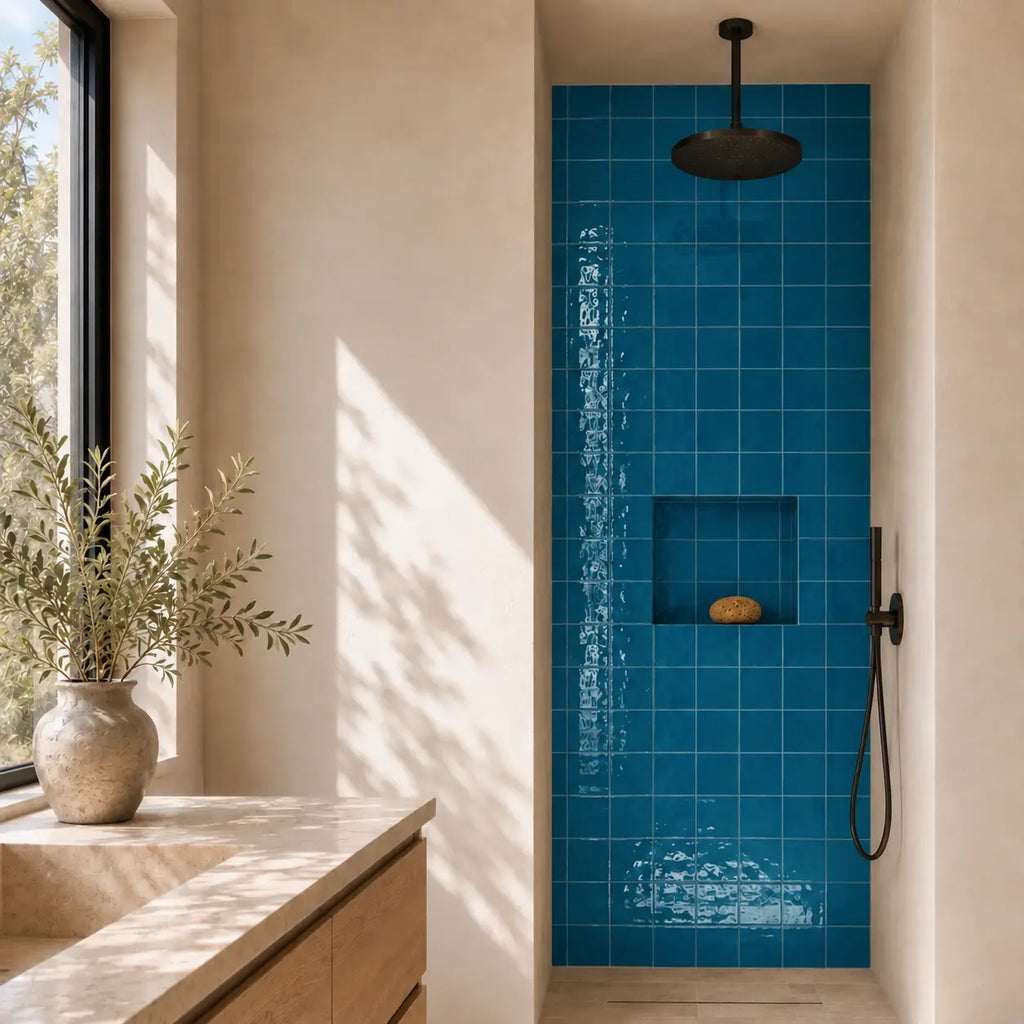 Bathroom with teal blue tiled shower area and natural light