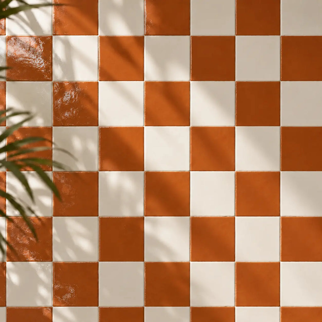 Terracotta orange white ceramic tiles in checkerboard pattern