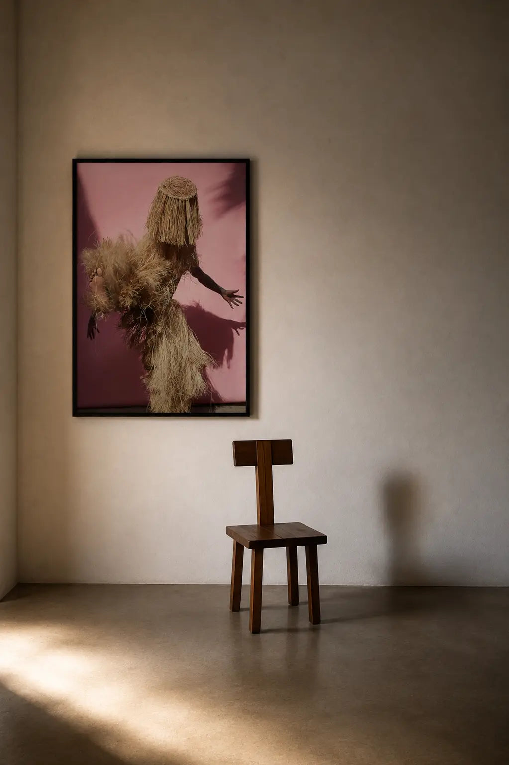 A framed art print depicting a figure in a textured beige costume against a dusty pink background, hanging on a beige wall above a small wooden chair in a minimalist room.