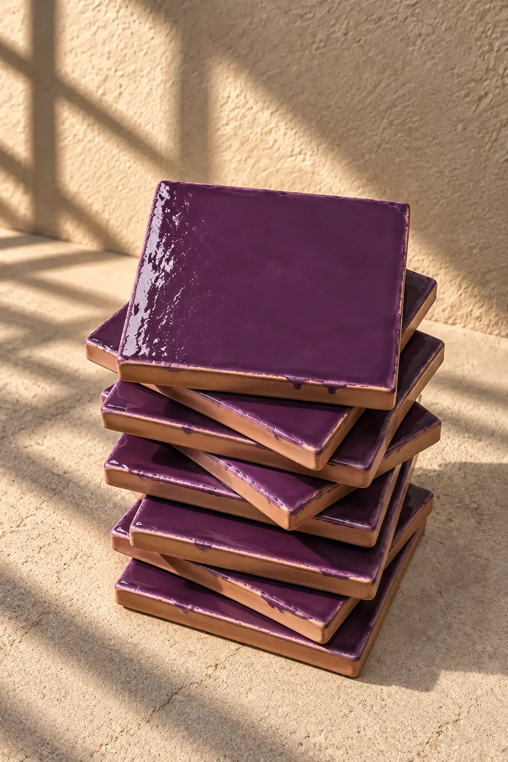 A stack of square violet ceramic tiles on a textured beige surface.
