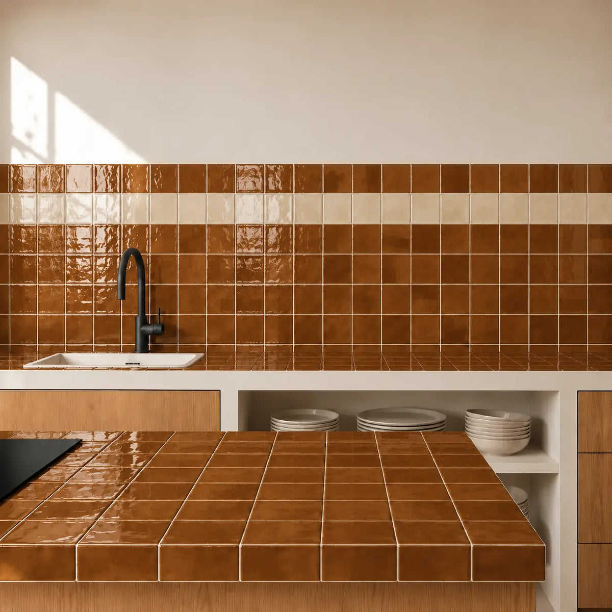 A modern kitchen interior featuring glossy brown ceramic subway tiles on the backsplash and countertop, with a white sink, dark faucet, open shelving with plates, and a warm off-white wall.