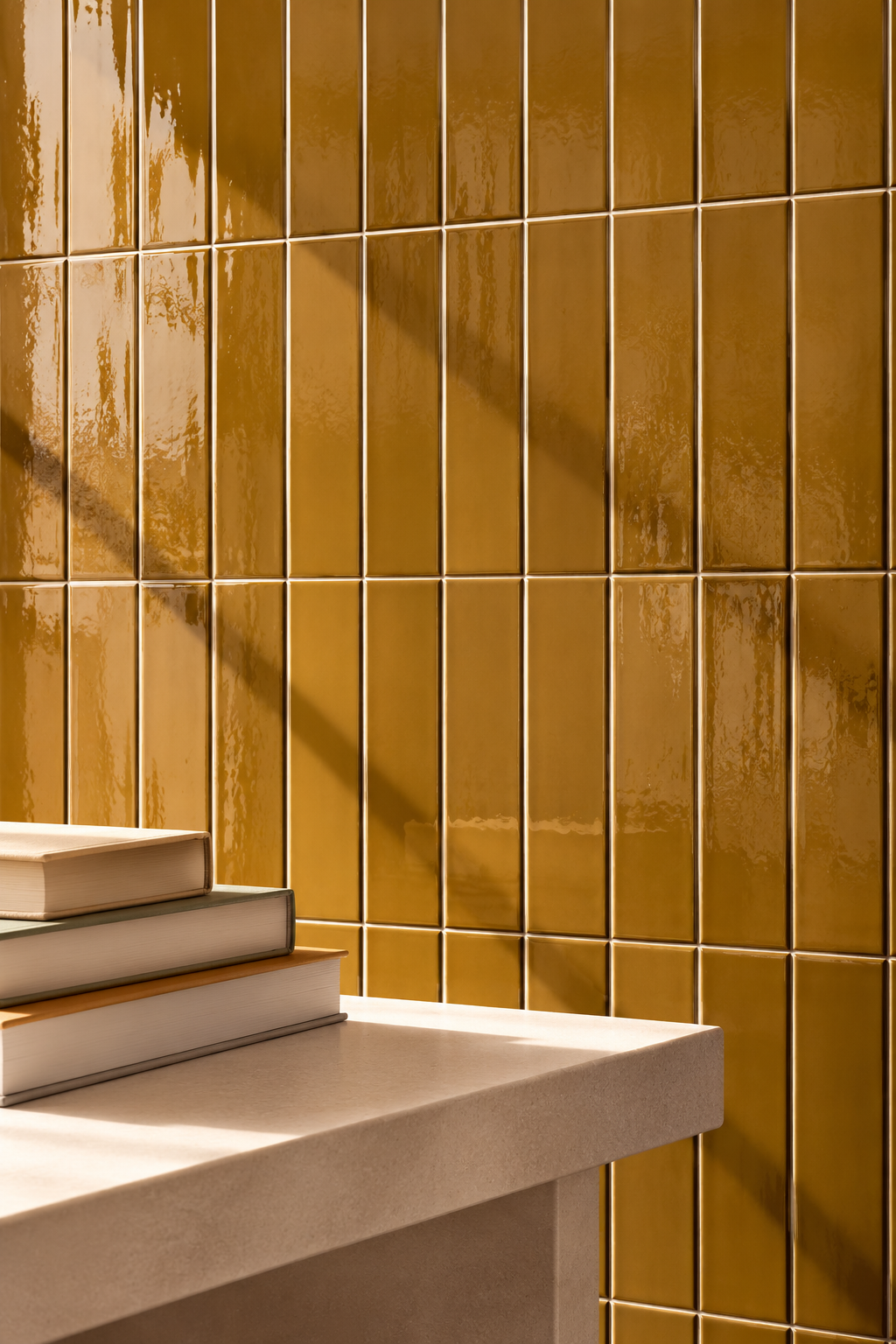 Glossy cognac yellow rectangular wall tiles arranged in a grid pattern, with a light beige stone ledge in the foreground holding a stack of books and casting shadows.