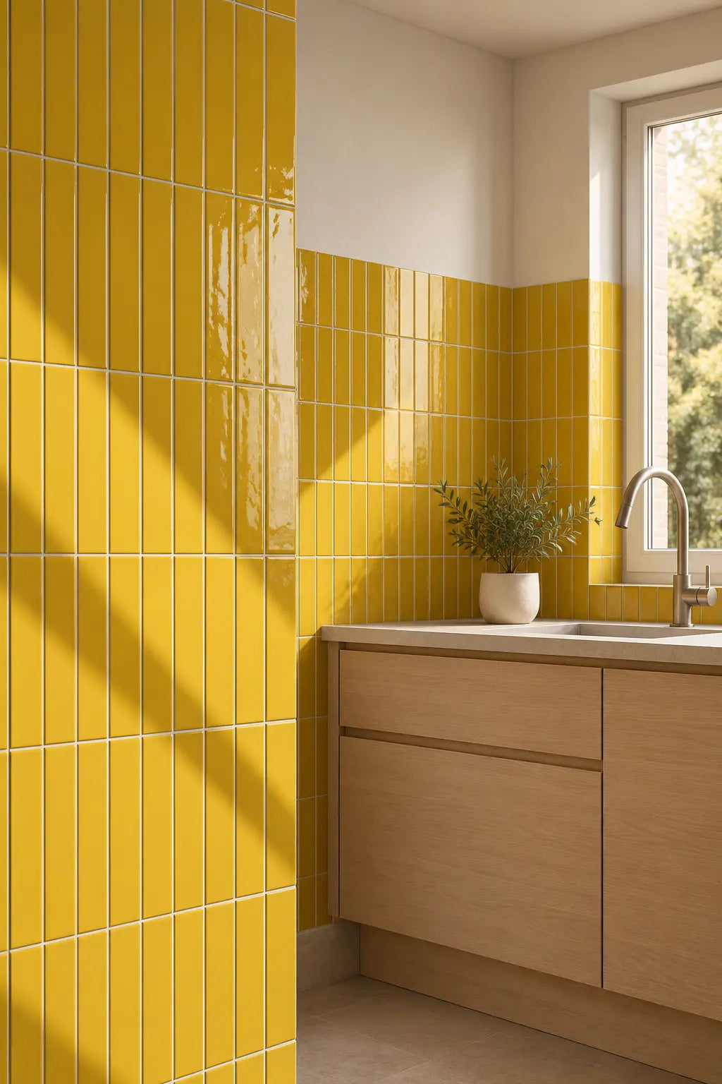 Bright kitchen corner with glossy yellow subway wall tiles, light wood cabinetry, a white countertop, and a window with natural light.