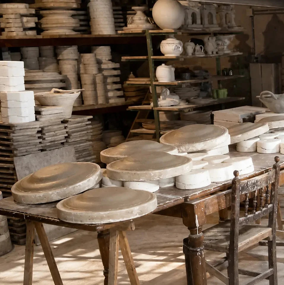 A pottery workshop filled with stacks of ceramic tiles, molds, and handmade pottery on shelves and worktables. Sunlight streams across the floor, illuminating the clay products in a rustic indoor setting.